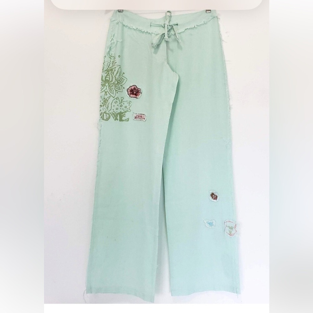 50%off w❤️ AZIZ boho-inspired fun hippie linen blend patch pants mint S-L NWOT